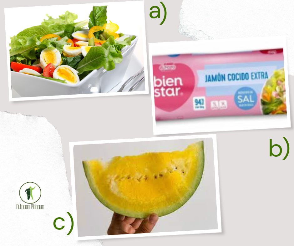 Ensalada con huevo duro, jamón de york y 1 tajada de sandia amarilla.